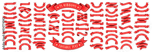 Set of 75 Ribbons. Ribbon elements. Starburst label. Vintage. Modern simple ribbons collection. Vector illustration with editable text
