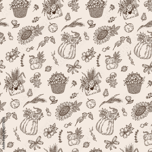 Autumn harvest, apples, pumpkins, sunflowers, basket, letter and leaves are hand draw, doodle sketch style. Fall Floral color seamless pattern, vector isolated.