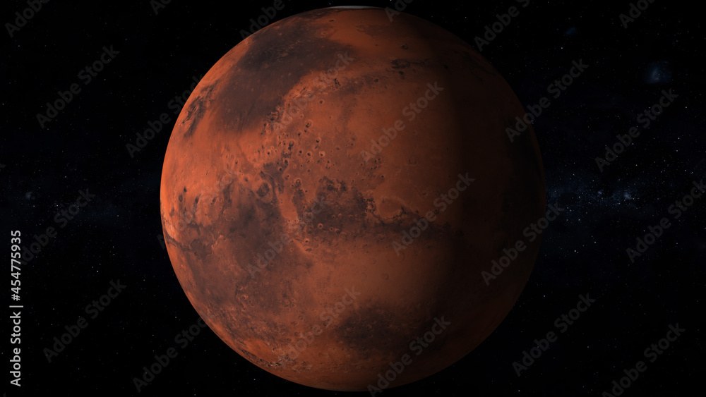 abstract mars planet on white background. Spinning planet mars on dark .Planet mars sun rise isolate on dark. front view of Mars planet from space.
