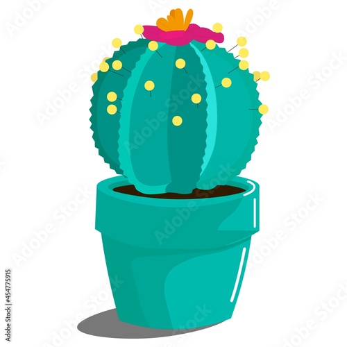 A cute pincushion in the form of a green cactus with a pot. The background is white.
