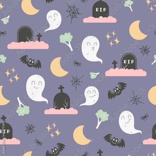 Halloween seamless pattern with cute hand drawn ghosts on the cemetery. Kawaii vector illustration. Halloween graveyard background for wrapping paper, package, print, gift, fabric, textile, wallpaper.