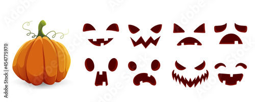 Halloween pumpkin and smiling scary faces with creepy teeth vector illustration. Orange pumpkin jack lantern, angry carved black faces for autumn halloween party isolated on white.