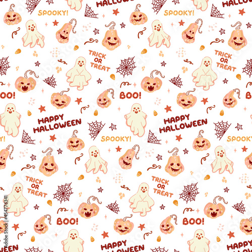 Seamless pattern of cobweb, halloween pumpkins, Ghost,  of different creepy faces for icons and decorations in bright background. Hand drawn sketch style. Jack-o-lantern glow from the inside.