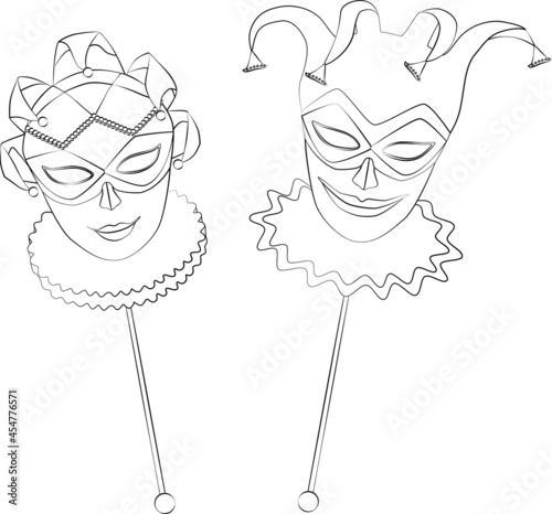 Vector contour drawing of male and female carnival masks