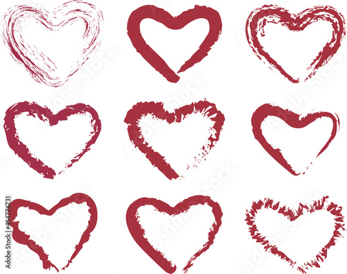 Vector contour textured brush drawings of set decorative abstract red heart shapes