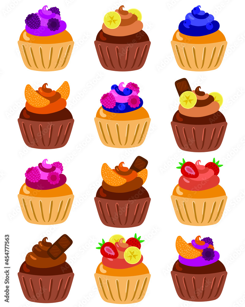 Large set of muffins with banana, strawberry, raspberry, blueberry, blackberry, tangerine, chocolate and cream frosting isolated on white. Vector illustration. Large set of muffins with banana, strawberry, raspberry, blueberry, blackberry, tangerine, chocolate and cream frosting isolated on white. Vector illustration.