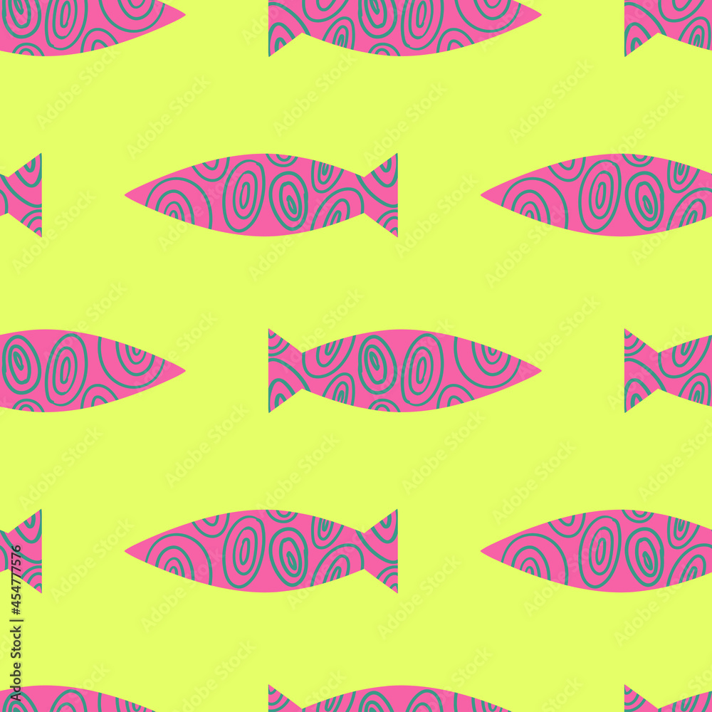 Fish seamless pattern design for print, t-shirt design, design element. Primitive drawing. Colored fish pattern. Fish seamless pattern design for print, t-shirt design, design element. Primitive drawing. Colored fish pattern.