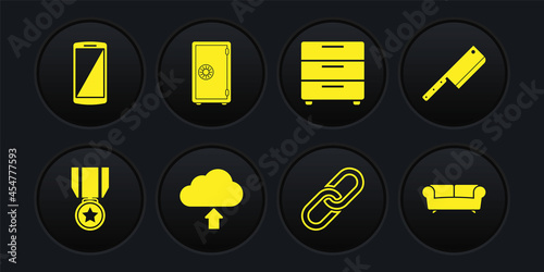 Set Medal with star, Meat chopper, Cloud upload, Chain link, Furniture nightstand and Safe icon. Vector