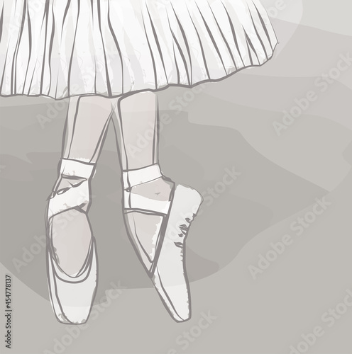 Vector watercolor brush drawing of feet of dancing ballerina in pointe shoes