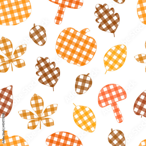 Seamless pattern autumn plaid print leaves pumpkin mushrooms vector illustration