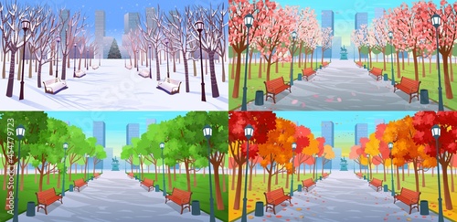 Four seasons in the park. Winter. Spring. Summer. Autumn. Panorama road over the park with benches, trees, lanterns and a monument. Vector illustration of  city street in cartoon style.