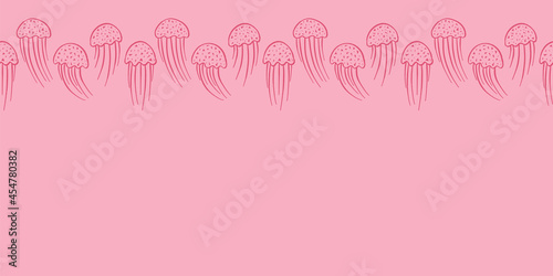 Pink jellyfish seamless repeat border print background. Vector illustration. Great for kids and home decor projects. Surface pattern design.