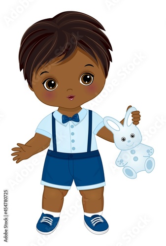 Little African American Baby Boy Holding Bunny Toy. Vector Cute Baby Boy