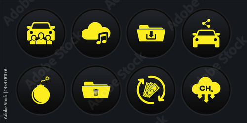 Set Bomb ready to explode, Car sharing, Delete folder, Refund money, Folder download and Music streaming service icon. Vector