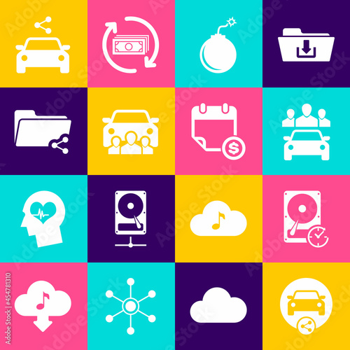 Set Car sharing, Hard disk drive with clockwise, , Bomb ready to explode, and Share folder icon. Vector