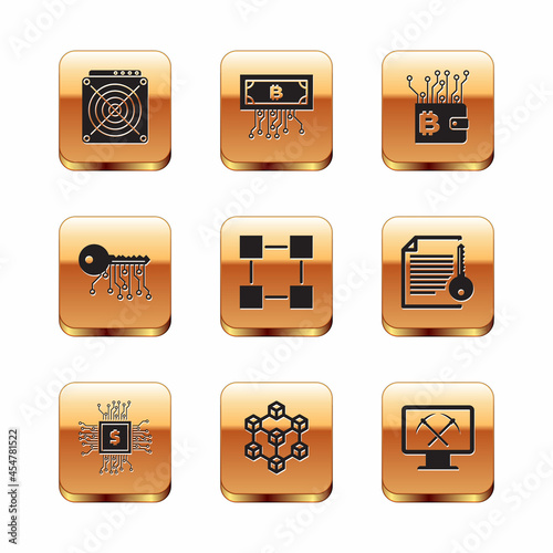 Set ASIC Miner, Processor chip with dollar, Blockchain technology, , Cryptocurrency key and wallet icon. Vector