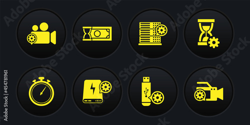 Set Stopwatch, Hourglass setting, Power bank, USB flash drive, Server and Fast payments icon. Vector