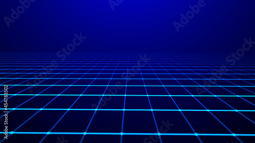 Abstract perspective grid. Digital retro background. Wireframe cyber landscape on blue background. 3d rendering.