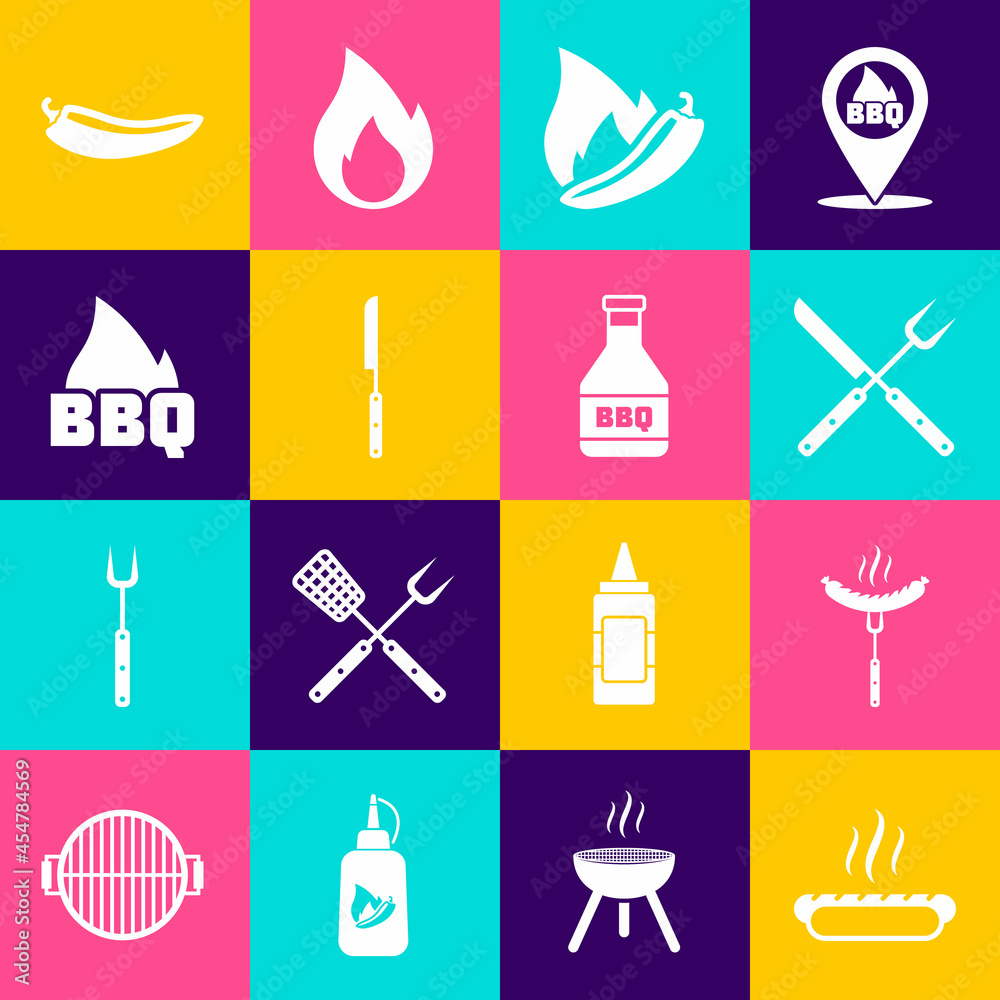 Set Hotdog sandwich, Sausage on the fork, Crossed knife, chili pepper pod, Barbecue, fire flame, and Ketchup bottle icon. Vector Set Hotdog sandwich, Sausage on the fork, Crossed knife, chili pepper pod, Barbecue, fire flame, and Ketchup bottle icon. Vector