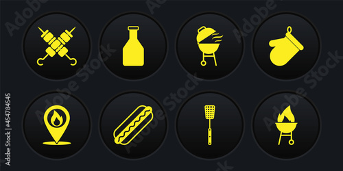 Set Location with fire flame, Oven glove, Hotdog sandwich, Barbecue spatula, grill, Ketchup bottle, and Grilled shish kebab icon. Vector