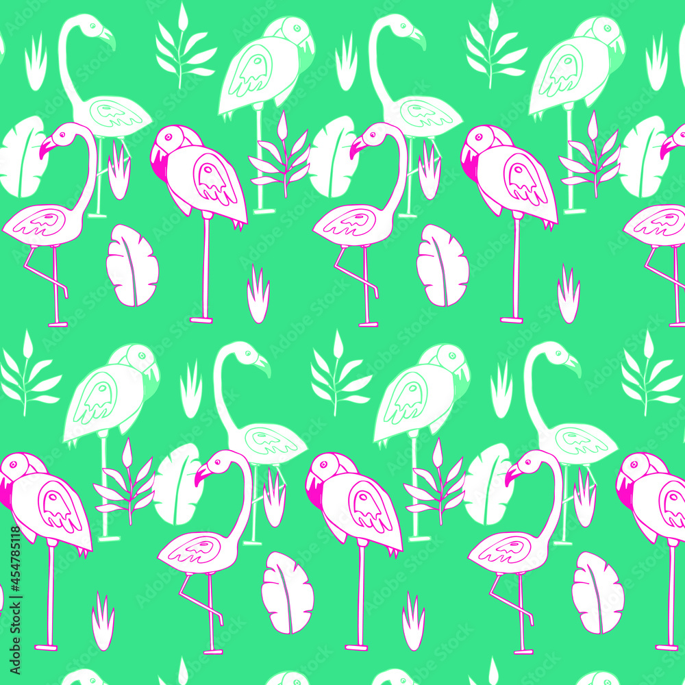 Beautiful seamless vector floral summer pattern background with tropical palm leaves, flamingos. Ideal for wallpapers, web pages backgrounds, surface textures, textiles.