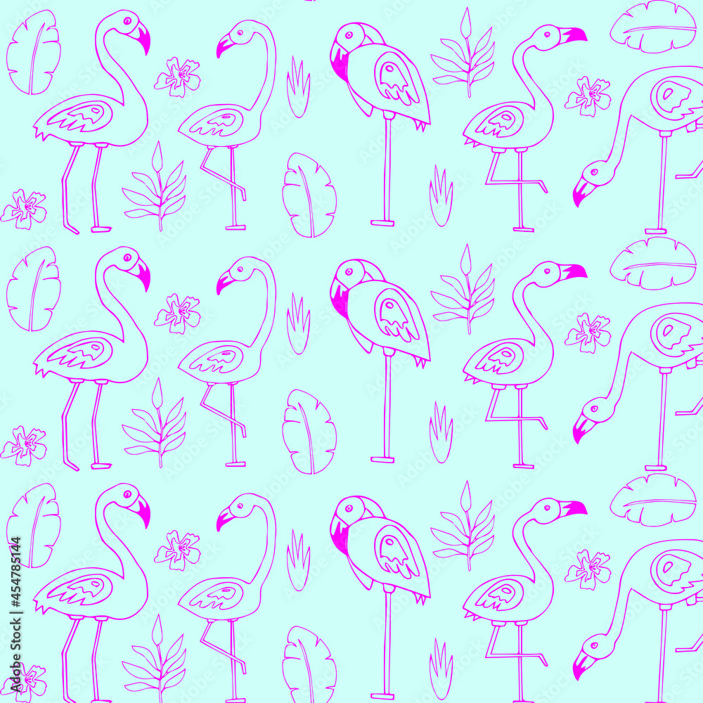 Seamless trendy pattern with flamingo. Cartoon vector illustration for prints, clothing, packaging and postcards. Doodle style. Seamless trendy pattern with flamingo. Cartoon vector illustration for prints, clothing, packaging and postcards. Doodle style.