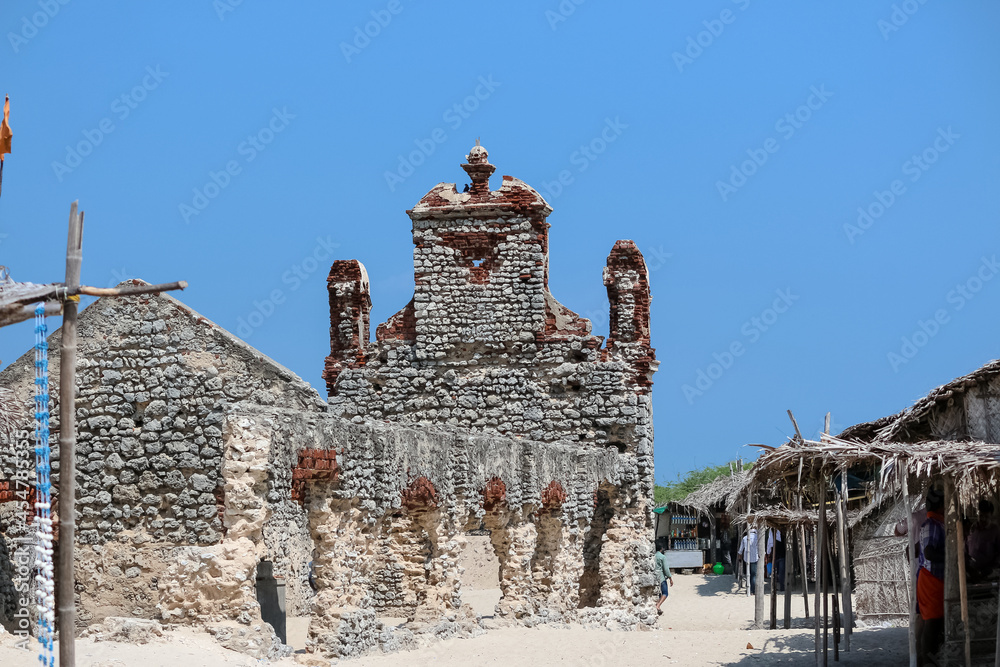 Architectural view of old churches at Dhanushkodi beach in Rameswaram damaged due to Tsunami cyclone in India.