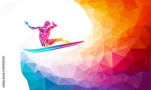 Creative silhouette of surfer. Fitness vector illustration or banner template in trendy abstract colorful polygon style with rainbow back