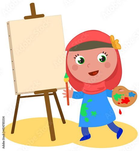Happy muslim artist girl wearing hijab with paiter canvas, cartoon isolated vector illustration