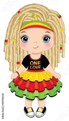 Cute Little Reggae Girl with Dreadlocks Wearing Rastafarian Dress. Vector Reggae Girl