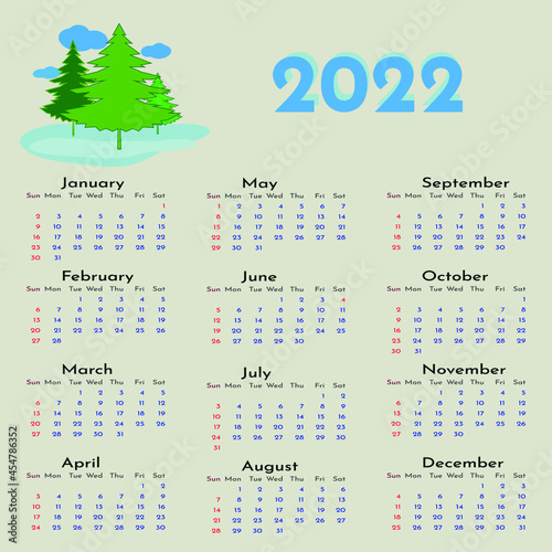 Calendar for 2022 with green Christmas trees.