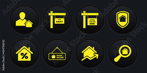 Set House with percant, under protection, Hanging sign Open house, Rising cost of housing, For Rent, Search and Realtor icon. Vector