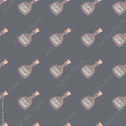 Decorative seamless pattern with pastel pale rum bottle shapes. Purple background. Alcohol ornament.