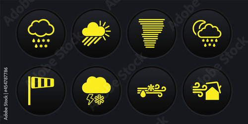 Set Cone windsock wind vane, Cloud with snow, rain, moon, and lightning, Wind, Tornado, Cloudy sun, swirl and icon. Vector