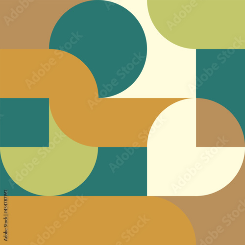 Trendy vector abstract geometric background with circles and squares in retro scandinavian style. Graphic pattern of simple shapes in pastel colors, abstract lagom mosaic.