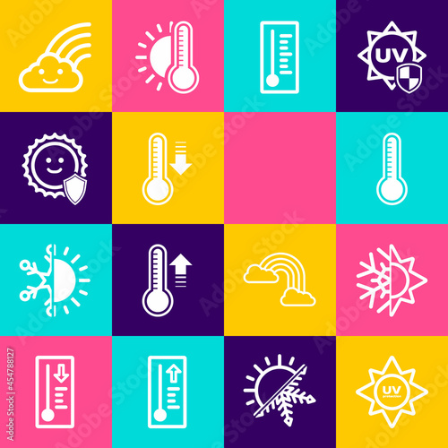Set UV protection, Sun and snowflake, Meteorology thermometer, Rainbow with cloud and sun icon. Vector