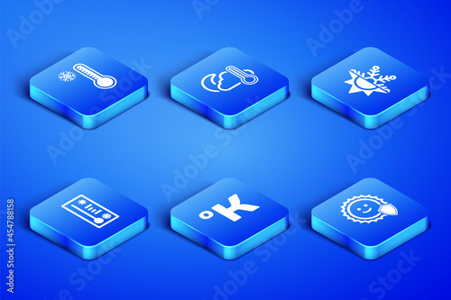 Set UV protection, Meteorology thermometer, Kelvin, Thermometer and cloud, moon and Sun snowflake icon. Vector