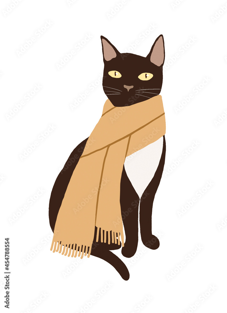 Black cozy kitten with a yellow scarf, warm clothing. Cold weather and autumn time card design. Hand-drawn graphic paint on white. Humorous, inspirational art. 