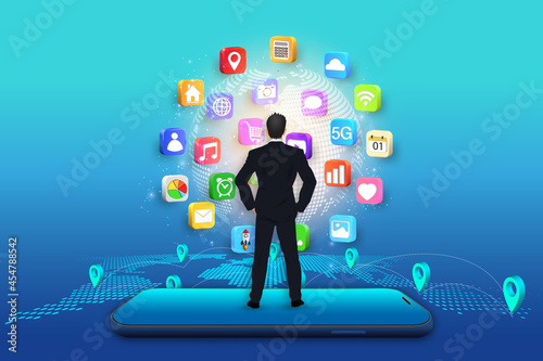 Application on Mobile, businessman on smartphone with application icons isolated on global network background as new technology and communication concept. vector illustration.