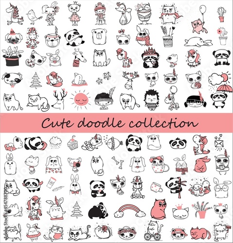 Cute doodle collection. Simple design of cute animals, birds, flowers and other design elements perfect for kid's card, banners, stickers and kid's things.