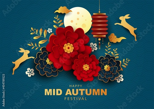 mid autuman greetinghappy Mid Autumn Festival Greeting illustration in traditional Chinese art design, with flowers and pattern.
