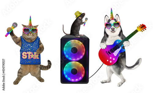 A dogicorn  husky plays the electric guitar and a beige caticorn sing a song near a loudspeaker. White background. Isolated. photo