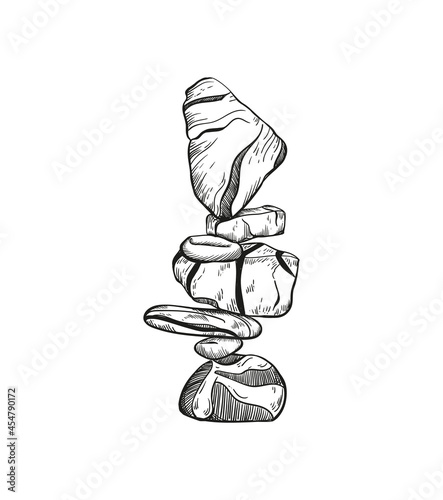 Rock Balancing vector illustration. Stone Stacking Art, sketch style print. Cairn stones.