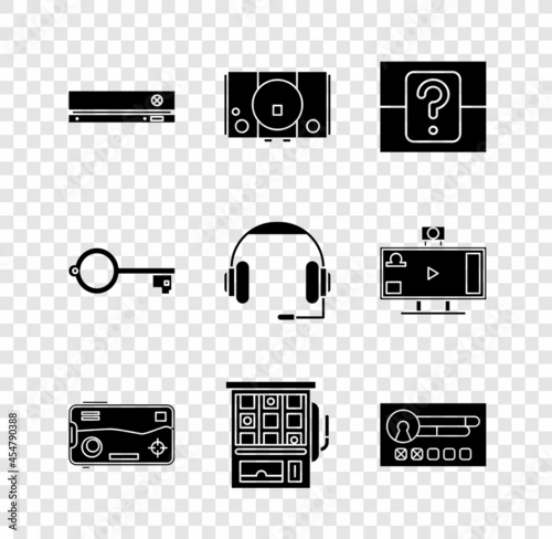 Set Video game console, Mystery or random box, Mobile playing in, Slot machine, Create account screen, Ancient key for and Headphones icon. Vector