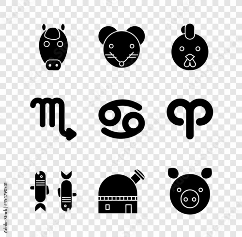 Set Horse zodiac, Rat, Rooster, Pisces, Astronomical observatory, Pig, Scorpio and Cancer icon. Vector