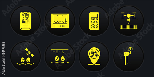 Set Smart farm with drone, bulb and plant, Tractor location, Remote control, Incubator for eggs, Router wi-fi signal and farming system icon. Vector