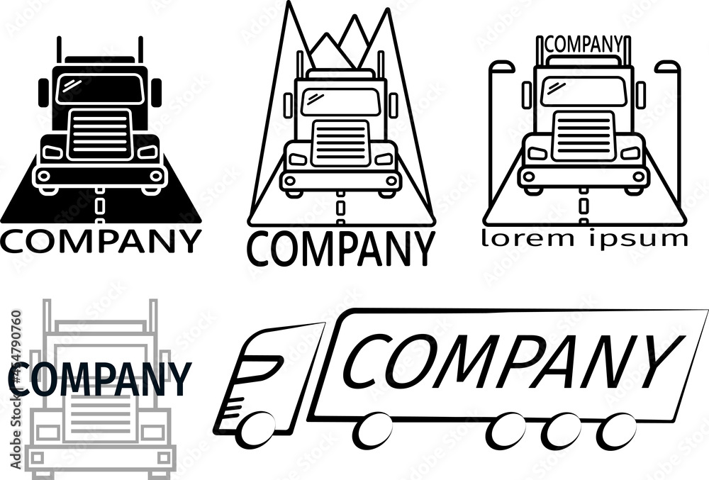 Concept of logo for transport logistic company. Minimal black design. Truck and road.