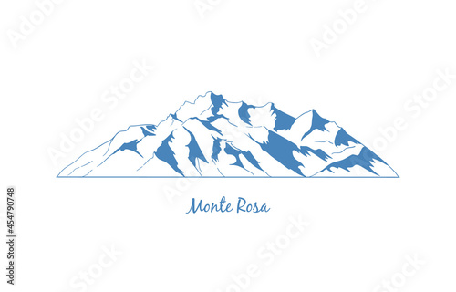 Monte Rosa mountain, popular peaks for climbing. Mountain massif graphic illustration. Stylized vector mountain drawing for logo, emblem, banners for mountain climbing, hiking trails, in linear style.