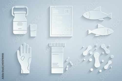 Set Medicine bottle and pills, Fish, Hand with psoriasis or eczema, Bacteria, Clinical record and Can container for milk icon. Vector