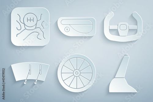 Set Car wheel, Sport steering, Windscreen wiper, handbrake, door handle and Gear shifter icon. Vector